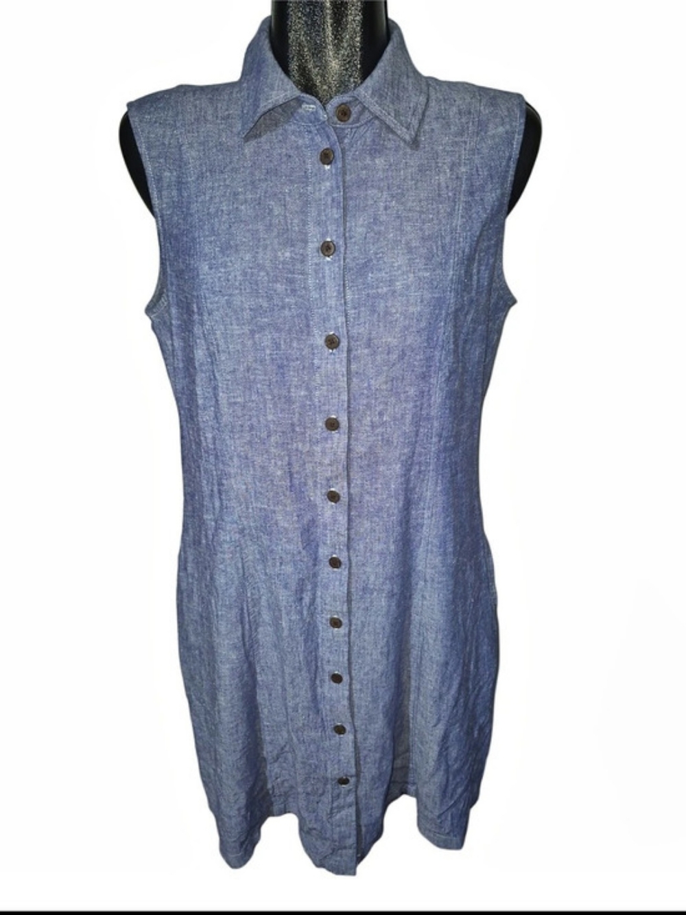 Anne Klein Blue Sleeveless Linen Blend Chambray Button Front Shirt Dress